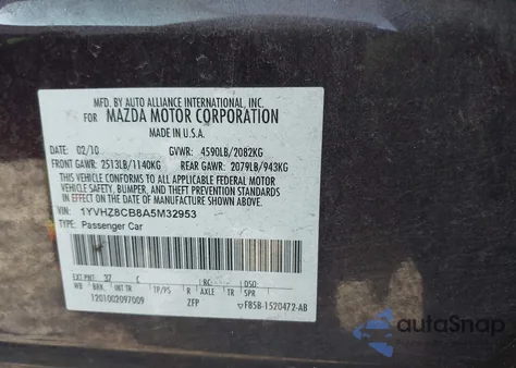 2010 Mazda Mazda6 S Touring Plus из США, поврежденный, VIN 1YVHZ8CB8A5M32953